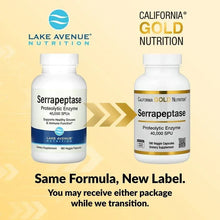 Serrapeptase supplement bottles with new label design shown side by side