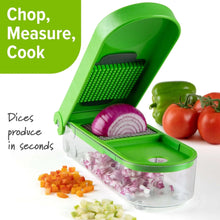 Green onion chopper with grating grid and clear container, with diced onion and peppers