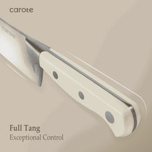Close-up of stainless knife blade with light handle showing rivets