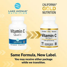 Vitamin C Quali-C supplement bottles shown together on same formula, new label transition