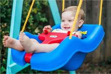 Blue swing with yellow ropes; baby seated and gripping red handle