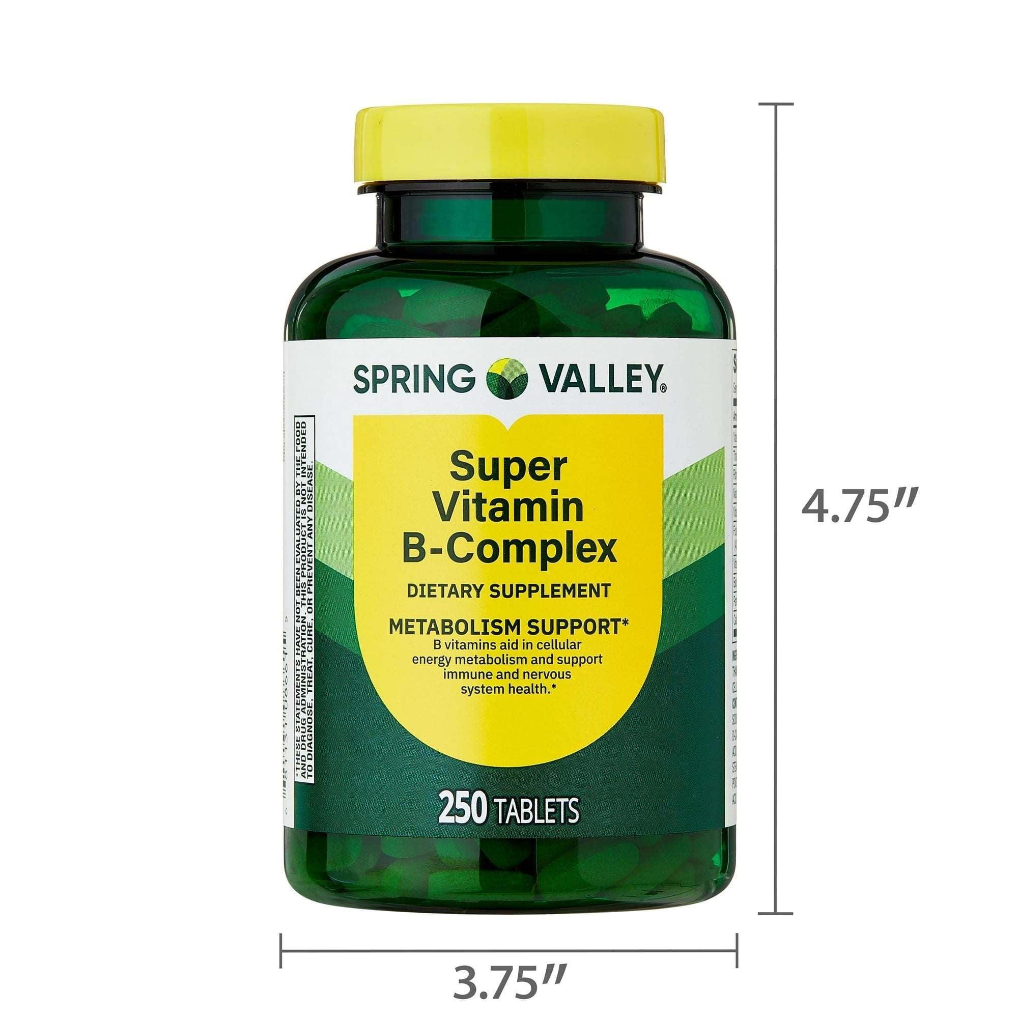Spring Valley Super Vitamin B-Complex Dietary Supplement Tablets for Metabolism Support, 100 Count