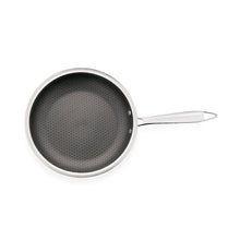 Stainless steel nonstick fry pan with dark nonstick interior and side handle