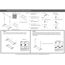 Rolling garment rack assembly instruction diagram with parts labels and steps
