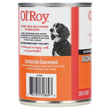 O'Roy wet dog food can, bacon cheeseburger flavor, cuts in gravy label