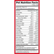 Dog treat Pet Nutrition Facts panel, 1 piece serving size and nutrients table