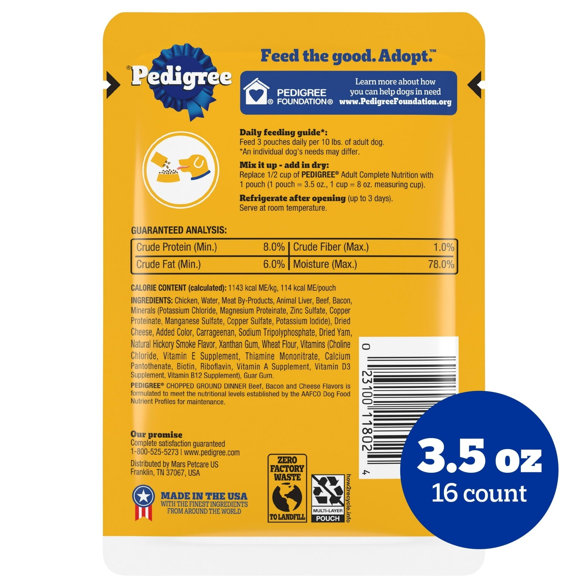(24 pack) Pedigree Chopped Ground Dinner Wet Food with Beef, Bacon, & Cheese Flavor, 3.5 oz Pouches, 16 Count