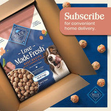 Blue Buffalo Love Made Fresh dog food pouch in a shipping box with scattered kibble