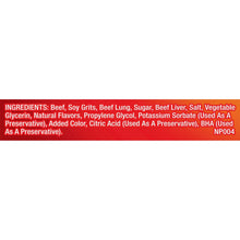 Dog treats ingredients panel listing beef, soy grits, beef lung, sugar, and more