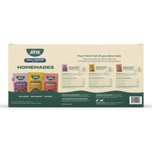 Jinx Homemades meal topper variety pack, back label on dog food box