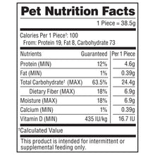 Pet Nutrition Facts panel, 1 piece 38.5 g brushing chews dental dog treats.