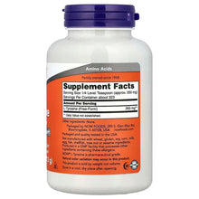 NOW L-Tyrosine powder bottle with blue cap and nutrition facts back label