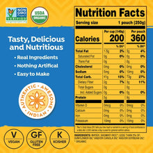 Nutrition Facts panel for rice pouch with calories, fat, carbs, fiber, and protein