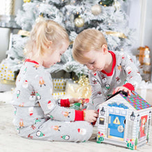 Wooden dollhouse toy with two children holding poseable dolls