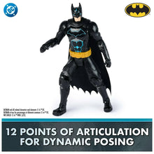 Batman action figure, black suit with blue circuit chest, yellow belt, wide cape silhouette