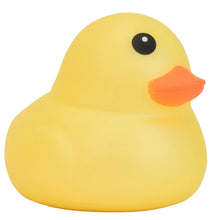 Yellow jumbo squishy duck toy with black eye and orange beak, smooth rounded.