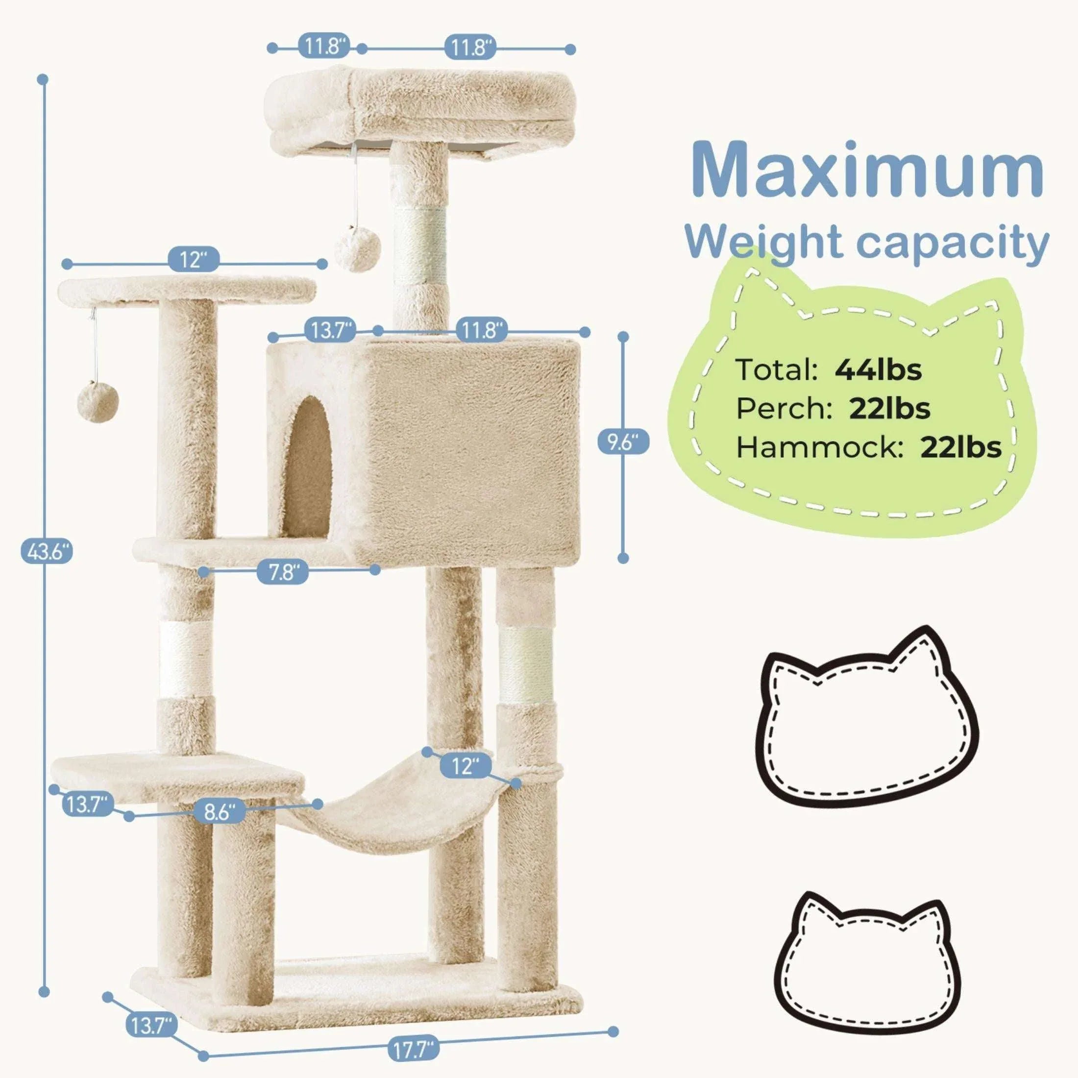 EDX 44" Cat Tree Tower for Indoor Cats, Multi-Level Durable Climbing Tower, Pet House with Natural Sisal Scratching Post, Cozy Condo, Extended Platform, Kitten Toy and Hammock, Beige - USA MEGA SHOP