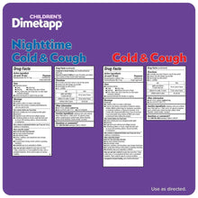 Children's Dimetapp nighttime and cold & cough drug facts panels on value pack back