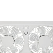 White fan housing with two circular grills and central control buttons