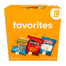 10-bag snack assortment box with Favorites label and three chip variety packages