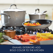 Gray enamel cookware set on a stovetop with covered pots and a skillet