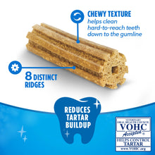 Ridged dental chew pieces with 'Chewy Texture' callout and 8 ridges