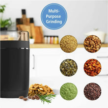 Black electric coffee grinder with assorted ground ingredients