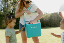 Igloo hard side cooler with lid open, turquoise blue held by an adult
