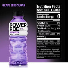 Powerade Zero Grape sports drink bottle, purple liquid, black cap