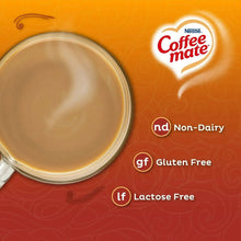 Coffee creamer latte in a cup with Non-Dairy, Gluten Free, Lactose Free icons