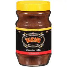 Instant coffee jar with yellow lid and brown granules, Yaucono label