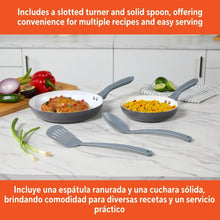 Two gray fry pans with white interiors, slotted turner and solid spoon