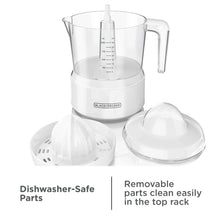 BLACK+DECKER manual citrus juicer parts: clear pitcher, juicing cone, and lid