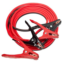 Coiled booster cables with red and black clamps and insulated leads