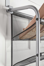Over-the-door shoe rack, silver metal frame with mesh shoe pockets