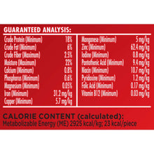 Dog treat guaranteed analysis panel with protein, fat, minerals and vitamin amounts