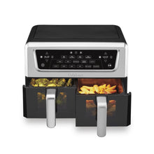 11-qt dual-basket air fryer with two open baskets and side handles, black and silver