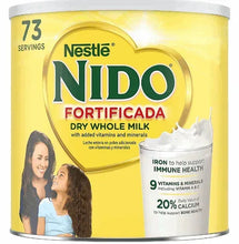 Nestle Nido Fortificada dry whole milk powder canister, yellow label with serving count