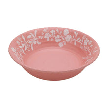 Pink serving bowl in melamine with scalloped edge and white floral pattern