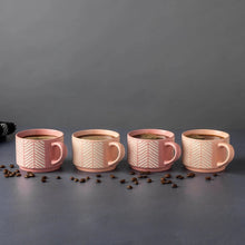 Set of 4 pink and white line stacking mugs, front view with handles