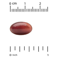 CoQ10 softgel, maroon, displayed with ruler scale for size.