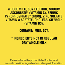 Fortified dry whole milk powder label with ingredient list and contains milk, soy