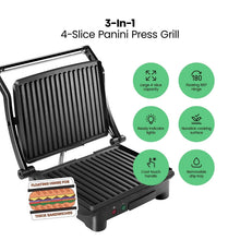 4-slice panini press grill with hinged lid and grooved nonstick plates, cool-touch handle