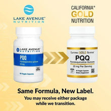 PQQ supplement bottles graphic showing new label transition message