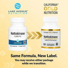 Nattokinase supplement bottles, front labels with white caps and gold trim