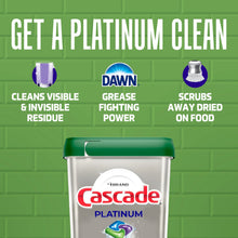 Cascade Platinum dishwasher detergent pods canister with green lid and small Dawn icon
