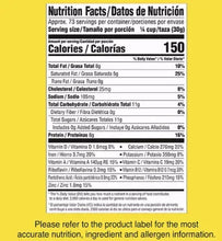 Nutrition facts panel for fortified dry whole milk powder, calories and vitamins
