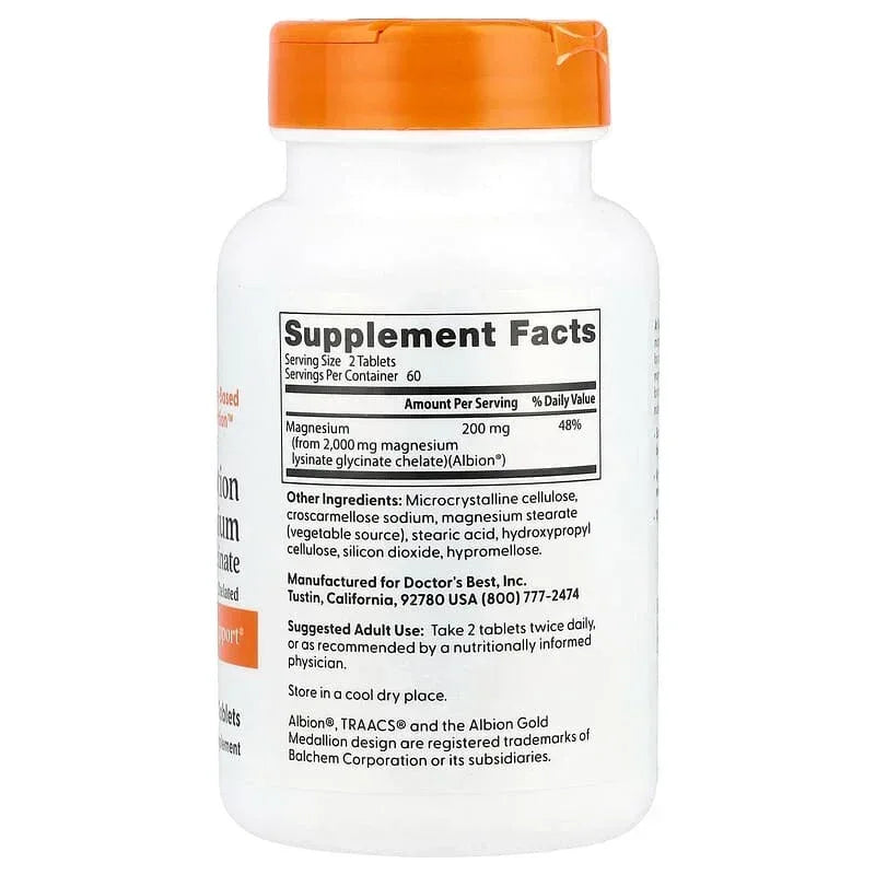 Doctor's Best, High Absorption Magnesium Lysinate Glycinate, Chelated, Albion® TRAACS®, 240 Tablets (100 mg Per tablet)