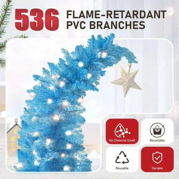 VEIKOUS 6ft Christmas Tree Crooked Neck, Pre-Lit Xmas Grinch Tree with 200 LED Lights & 536 Branch Tips, Bendable Top Christmas Slim Tree for Holiday Decor, Blue - USA MEGA SHOP