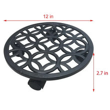 Black round plant caddy with lattice top and four small support feet